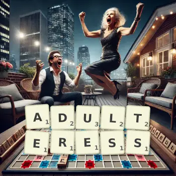 Creative illustration for a Scrabble game with the word ADULTERESS spelled out in tiles on the board.
