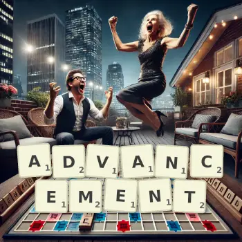 Creative illustration for a Scrabble game with the word ADVANCEMENT spelled out in tiles on the board.