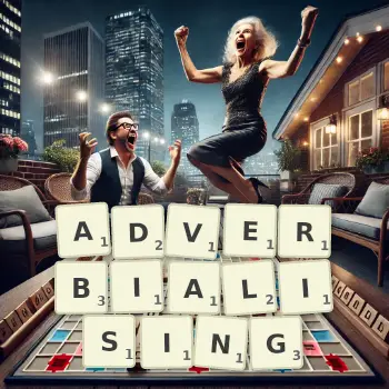 Creative illustration for a Scrabble game with the word ADVERBIALISING spelled out in tiles on the board.