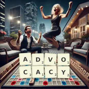 Creative illustration for a Scrabble game with the word ADVOCACY spelled out in tiles on the board.