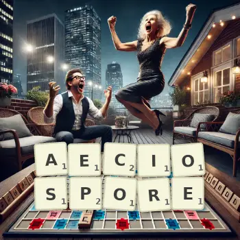 Creative illustration for a Scrabble game with the word AECIOSPORE spelled out in tiles on the board.