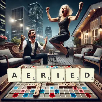 Creative illustration for a Scrabble game with the word AERIED spelled out in tiles on the board.
