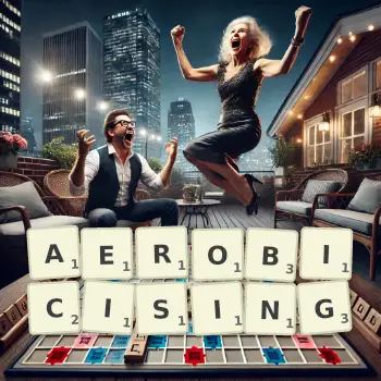 Creative illustration for a Scrabble game with the word AEROBICISING spelled out in tiles on the board.