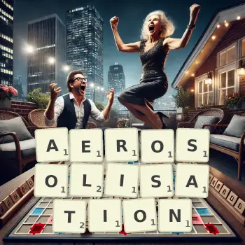 Creative illustration for a Scrabble game with the word AEROSOLISATION spelled out in tiles on the board.