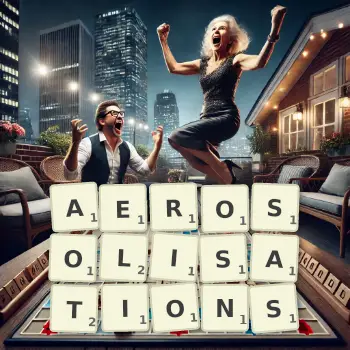Creative illustration for a Scrabble game with the word AEROSOLISATIONS spelled out in tiles on the board.