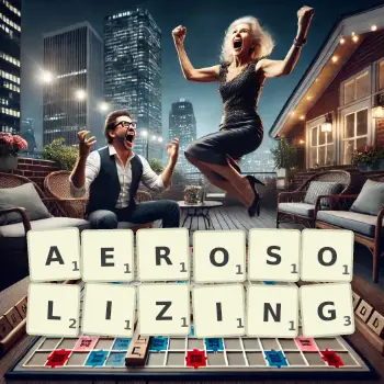Creative illustration for a Scrabble game with the word AEROSOLIZING spelled out in tiles on the board.