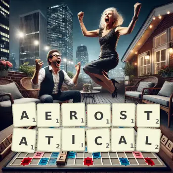 Creative illustration for a Scrabble game with the word AEROSTATICAL spelled out in tiles on the board.