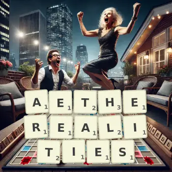 Creative illustration for a Scrabble game with the word AETHEREALITIES spelled out in tiles on the board.