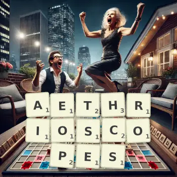 Creative illustration for a Scrabble game with the word AETHRIOSCOPES spelled out in tiles on the board.