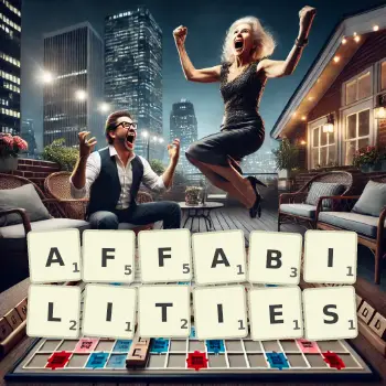 Creative illustration for a Scrabble game with the word AFFABILITIES spelled out in tiles on the board.