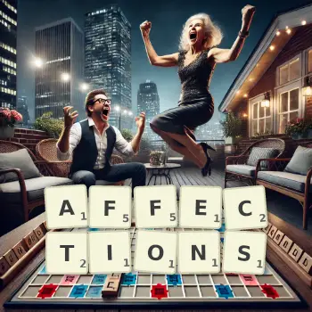 Creative illustration for a Scrabble game with the word AFFECTIONS spelled out in tiles on the board.