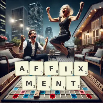 Creative illustration for a Scrabble game with the word AFFIXMENT spelled out in tiles on the board.