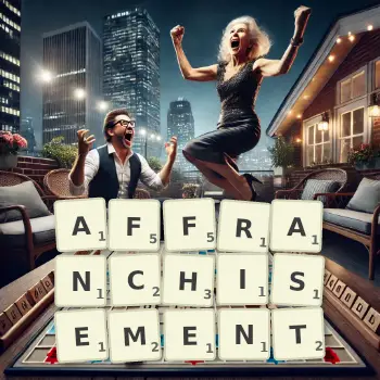 Creative illustration for a Scrabble game with the word AFFRANCHISEMENT spelled out in tiles on the board.