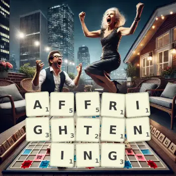 Creative illustration for a Scrabble game with the word AFFRIGHTENING spelled out in tiles on the board.