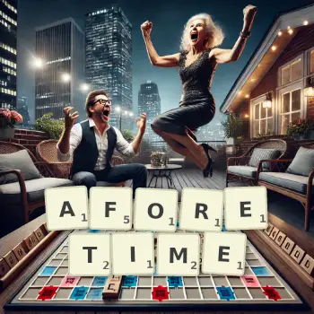 Creative illustration for a Scrabble game with the word AFORETIME spelled out in tiles on the board.