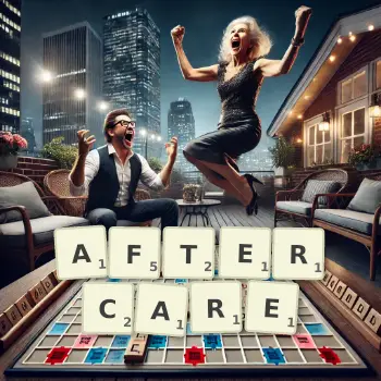 Creative illustration for a Scrabble game with the word AFTERCARE spelled out in tiles on the board.