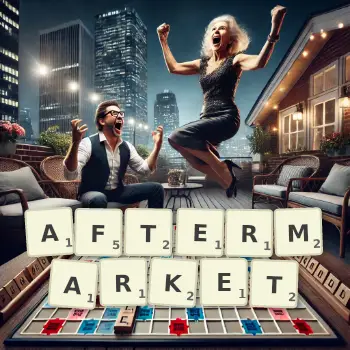 Creative illustration for a Scrabble game with the word AFTERMARKET spelled out in tiles on the board.