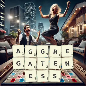Creative illustration for a Scrabble game with the word AGGREGATENESS spelled out in tiles on the board.