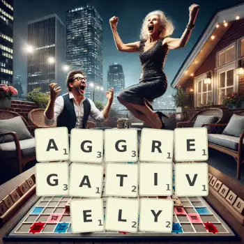 Creative illustration for a Scrabble game with the word AGGREGATIVELY spelled out in tiles on the board.