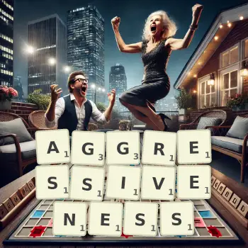 Creative illustration for a Scrabble game with the word AGGRESSIVENESS spelled out in tiles on the board.