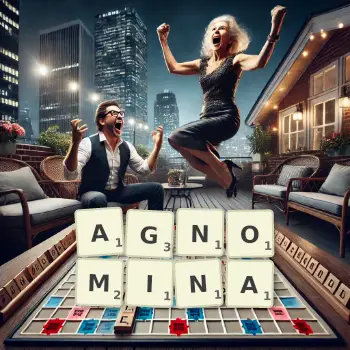 Creative illustration for a Scrabble game with the word AGNOMINA spelled out in tiles on the board.