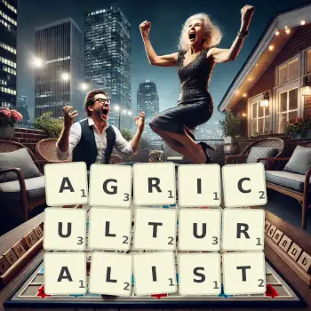 Creative illustration for a Scrabble game with the word AGRICULTURALIST spelled out in tiles on the board.