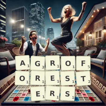 Creative illustration for a Scrabble game with the word AGROFORESTERS spelled out in tiles on the board.