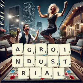 Creative illustration for a Scrabble game with the word AGROINDUSTRIAL spelled out in tiles on the board.