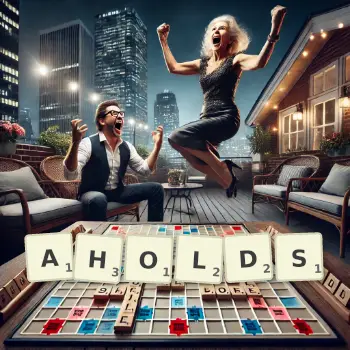 Creative illustration for a Scrabble game with the word AHOLDS spelled out in tiles on the board.