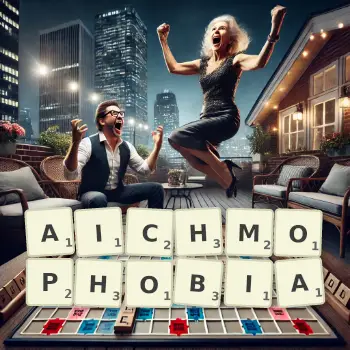 Creative illustration for a Scrabble game with the word AICHMOPHOBIA spelled out in tiles on the board.