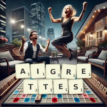 Creative illustration for a Scrabble game with the word AIGRETTES spelled out in tiles on the board.