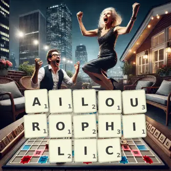 Creative illustration for a Scrabble game with the word AILOUROPHILIC spelled out in tiles on the board.