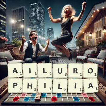 Creative illustration for a Scrabble game with the word AILUROPHILIA spelled out in tiles on the board.