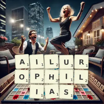 Creative illustration for a Scrabble game with the word AILUROPHILIAS spelled out in tiles on the board.