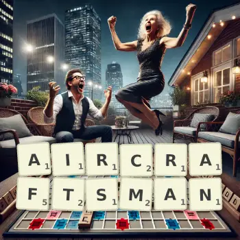 Creative illustration for a Scrabble game with the word AIRCRAFTSMAN spelled out in tiles on the board.