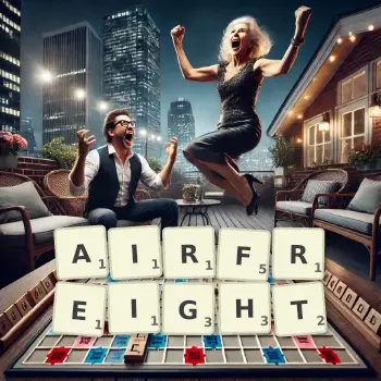 Creative illustration for a Scrabble game with the word AIRFREIGHT spelled out in tiles on the board.