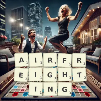Creative illustration for a Scrabble game with the word AIRFREIGHTING spelled out in tiles on the board.