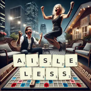 Creative illustration for a Scrabble game with the word AISLELESS spelled out in tiles on the board.