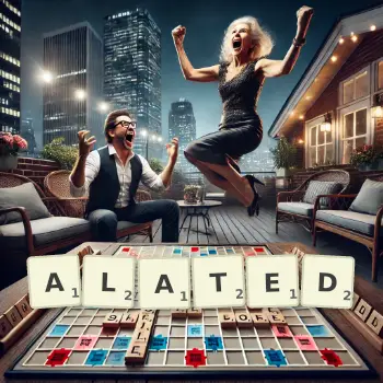 Creative illustration for a Scrabble game with the word ALATED spelled out in tiles on the board.