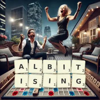 Creative illustration for a Scrabble game with the word ALBITISING spelled out in tiles on the board.