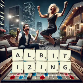 Creative illustration for a Scrabble game with the word ALBITIZING spelled out in tiles on the board.