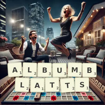Creative illustration for a Scrabble game with the word ALBUMBLATTS spelled out in tiles on the board.