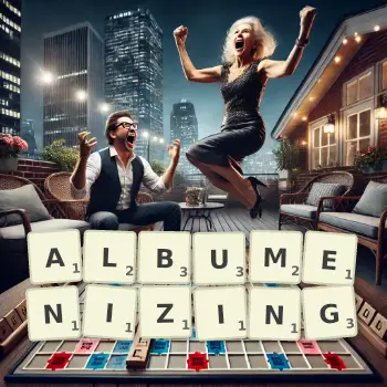 Creative illustration for a Scrabble game with the word ALBUMENIZING spelled out in tiles on the board.