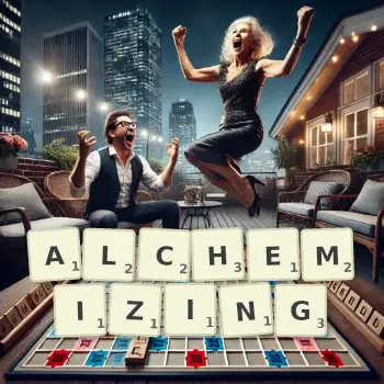 Creative illustration for a Scrabble game with the word ALCHEMIZING spelled out in tiles on the board.
