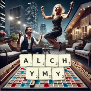 Creative illustration for a Scrabble game with the word ALCHYMY spelled out in tiles on the board.