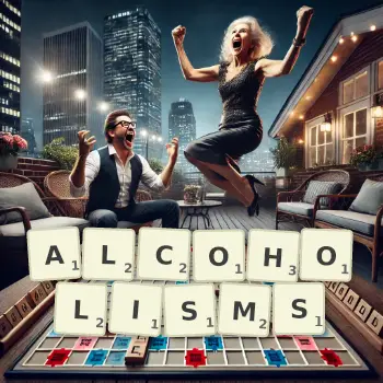 Creative illustration for a Scrabble game with the word ALCOHOLISMS spelled out in tiles on the board.
