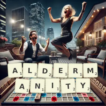 Creative illustration for a Scrabble game with the word ALDERMANITY spelled out in tiles on the board.