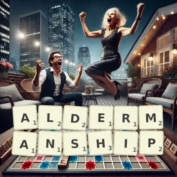 Creative illustration for a Scrabble game with the word ALDERMANSHIP spelled out in tiles on the board.