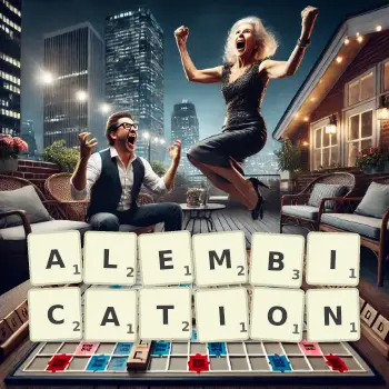 Creative illustration for a Scrabble game with the word ALEMBICATION spelled out in tiles on the board.