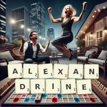 Creative illustration for a Scrabble game with the word ALEXANDRINE spelled out in tiles on the board.